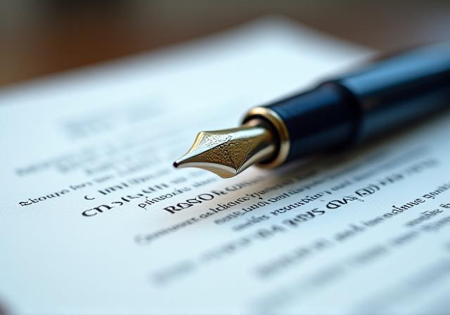 Close up of luxury fountain pen on business contract